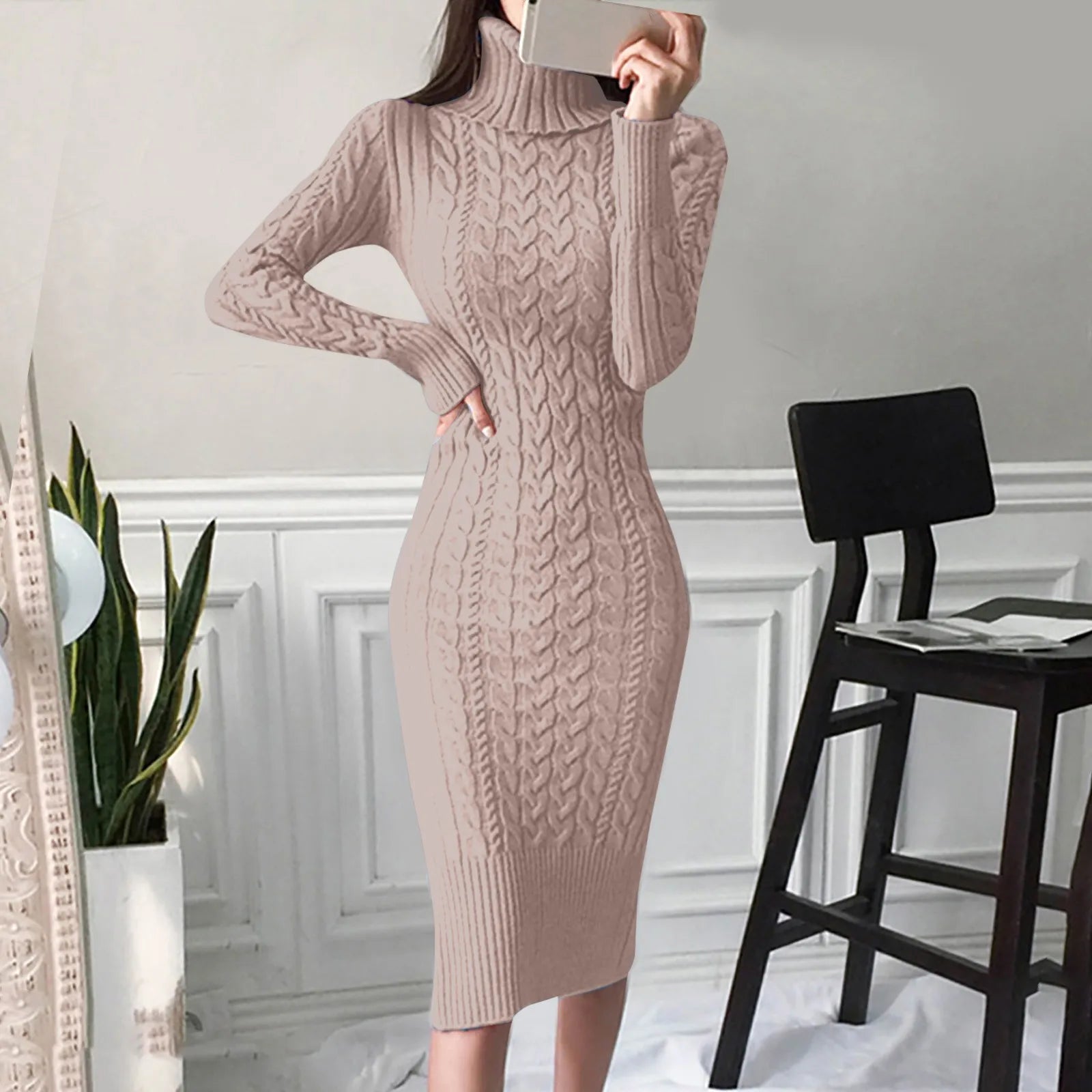 Womens Elegant Gentle Long Sleeve Turtleneck Sweater Dresses 2024 Autumn  Winter New Knitted Bodycon Midi Sheath Jumper Dresses – VERÈ CLASÈ